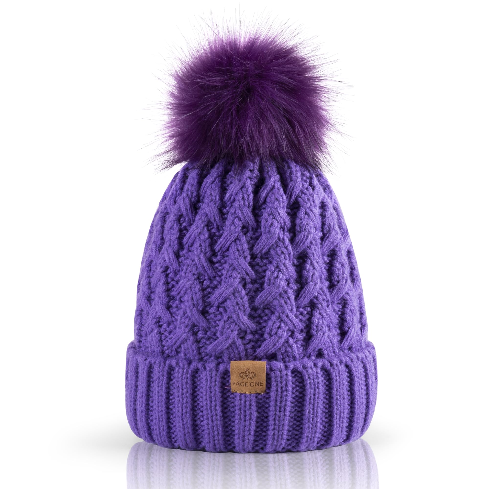 PAGE ONE Womens Winter Ribbed Beanie Crossed Cap Chunky Cable Knit Pompom Soft Warm Hat